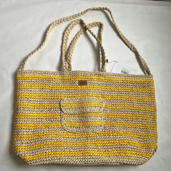 NWT Barts Amsterdam Roomy Straw Paper Yarn Yellow Tote Shoulder  Handbag NEW - Picture 2 of 8